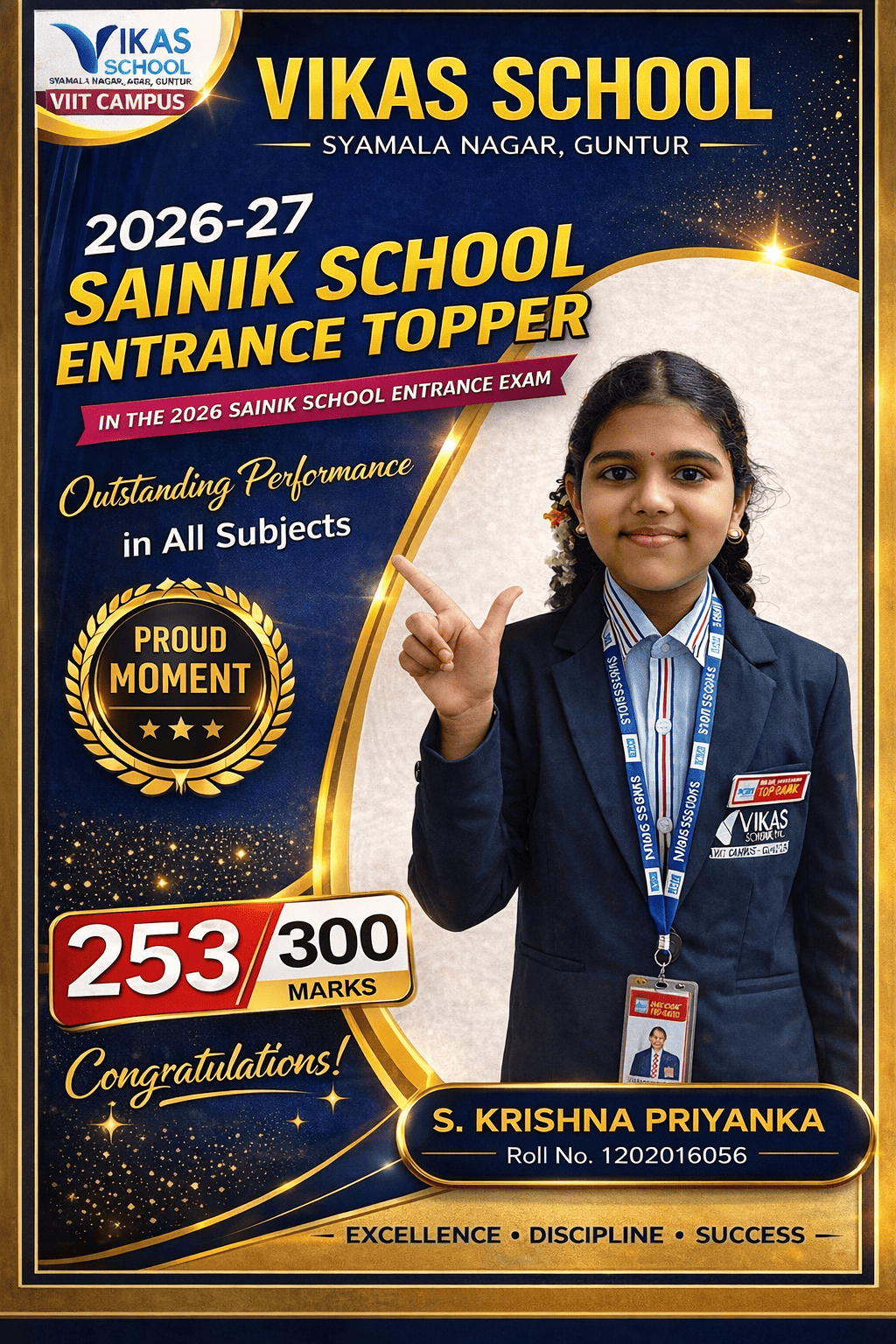 S. Krishna Priyanka — 253 out of 300, Sainik School Entrance 2026–27, Vikas School Syamala Nagar Guntur